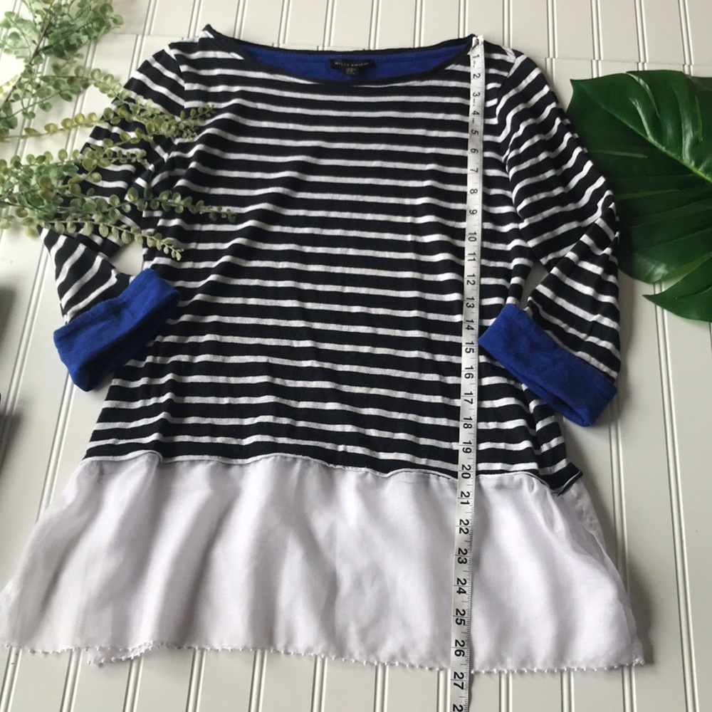 Black white striped tunic top blue hem sleeve - Picture 2 of 8